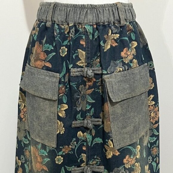 Max LuLu Floral Denim Jean Skirt Midi A-Line Vintage European Style One Size NWT - Picture 3 of 5